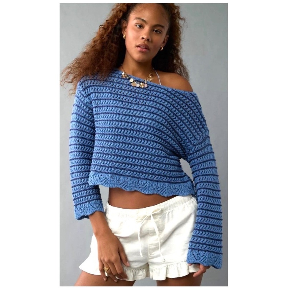 American Eagle Crochet Knit Sweater Cropped Boat Neck Blue Coastal Cottagecore L